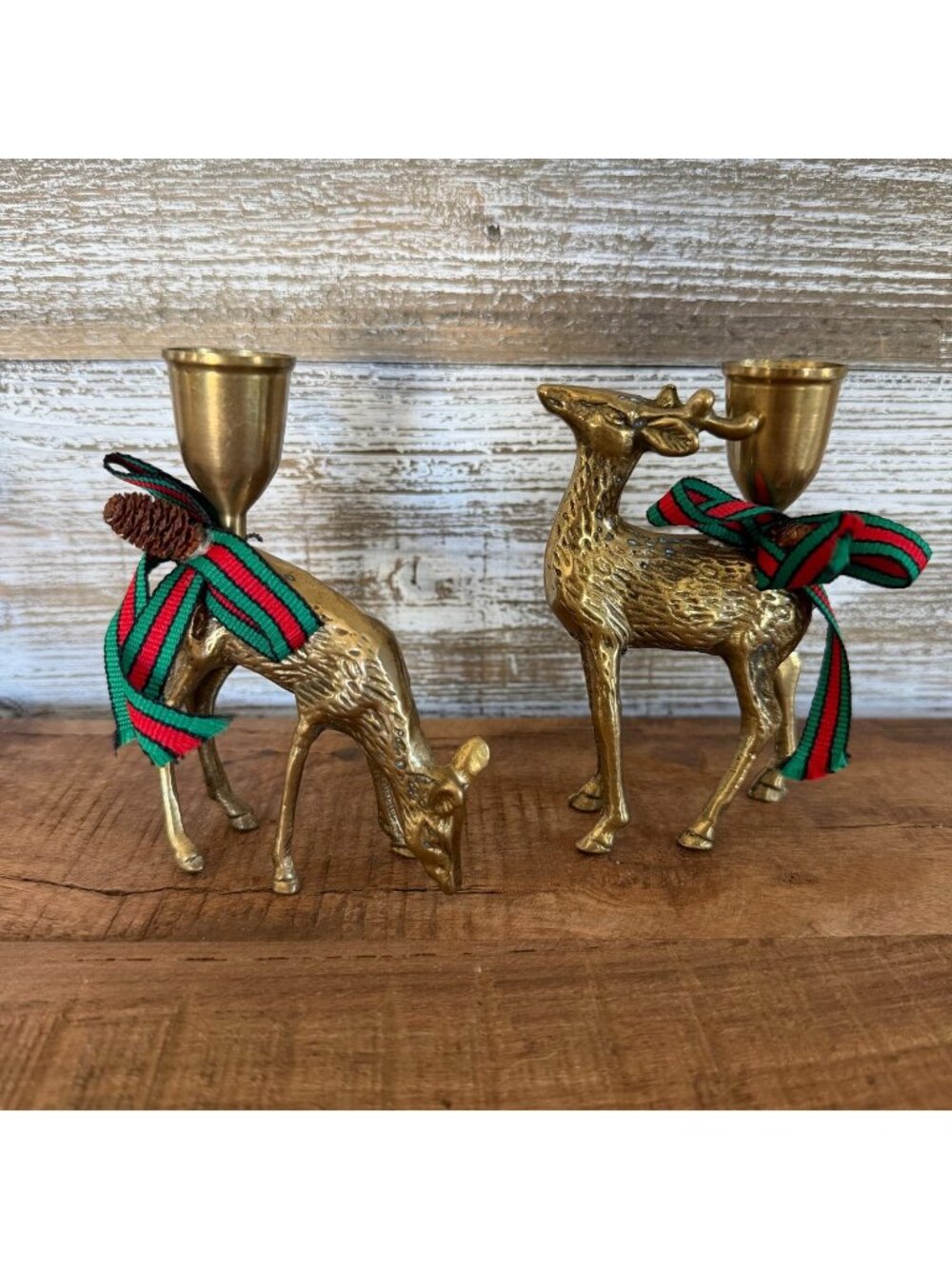 Vintage Pair of Solid Brass Deer or Reindeer Christmas Taper Candle Holders 4"